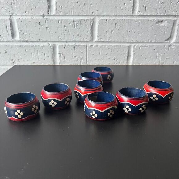 Vintage Wooden Napkin Rings Handpainted India Daisy's Tribal Boho Style set of 8 - Picture 3 of 7